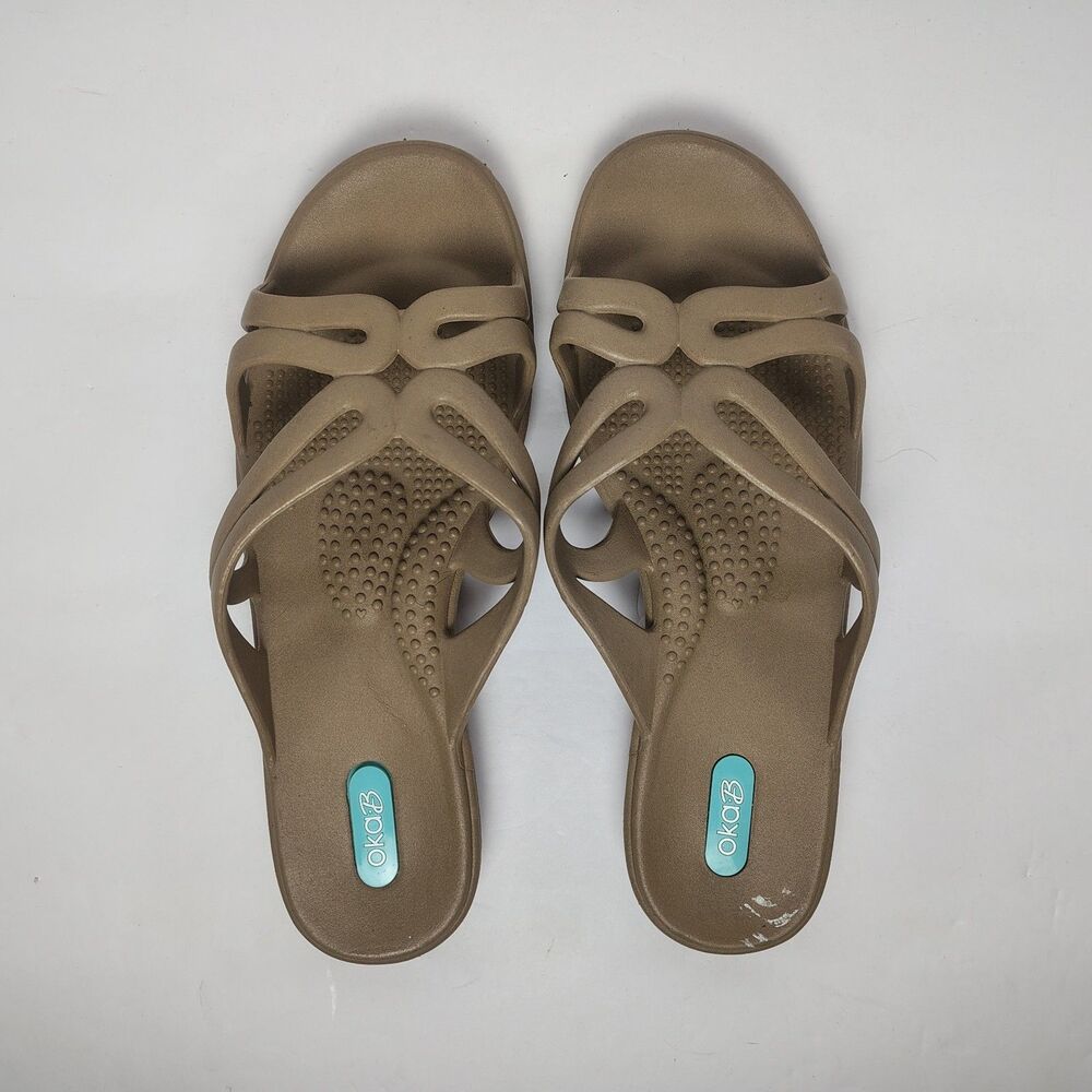 Okabashi Slide Sandals Chai Brown Strappy Ergonomic Comfort Slides ML (8.5-9.5)